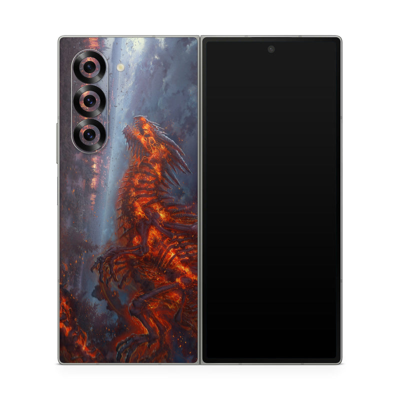 Samsung Galaxy Z Fold6 Skin design of Geological phenomenon, Dragon, Cg artwork, Sky, Flame, Fictional character, Mythology, Lava, Demon, Heat, with red, blue, black colors