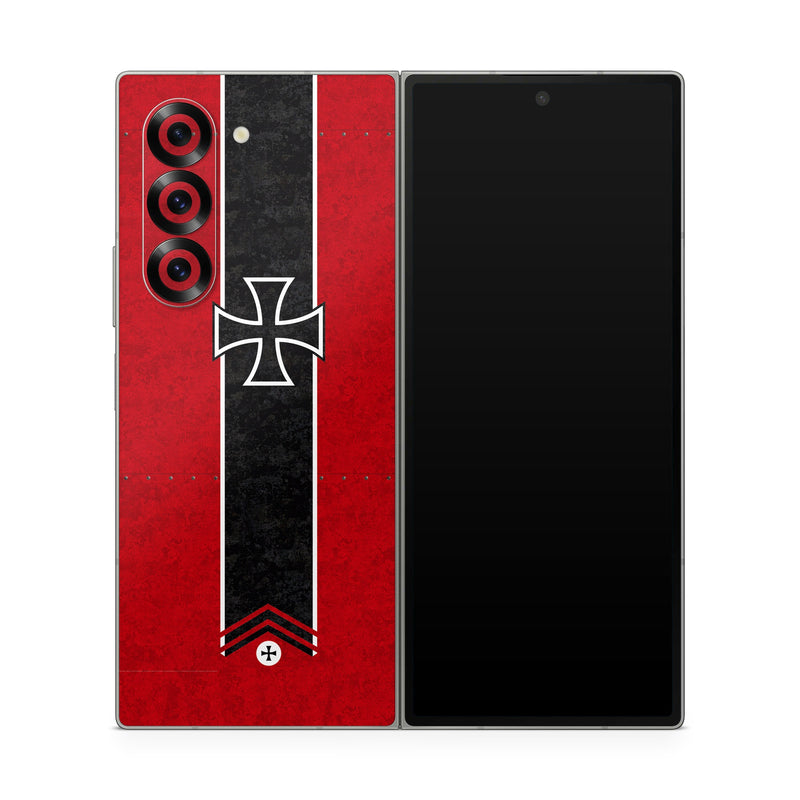 Samsung Galaxy Z Fold6 Skin design of Bullet, Holes, War, Red, Text, Carmine, Colorfulness, Maroon, Symbol, Coquelicot, with red, black, white, gray colors