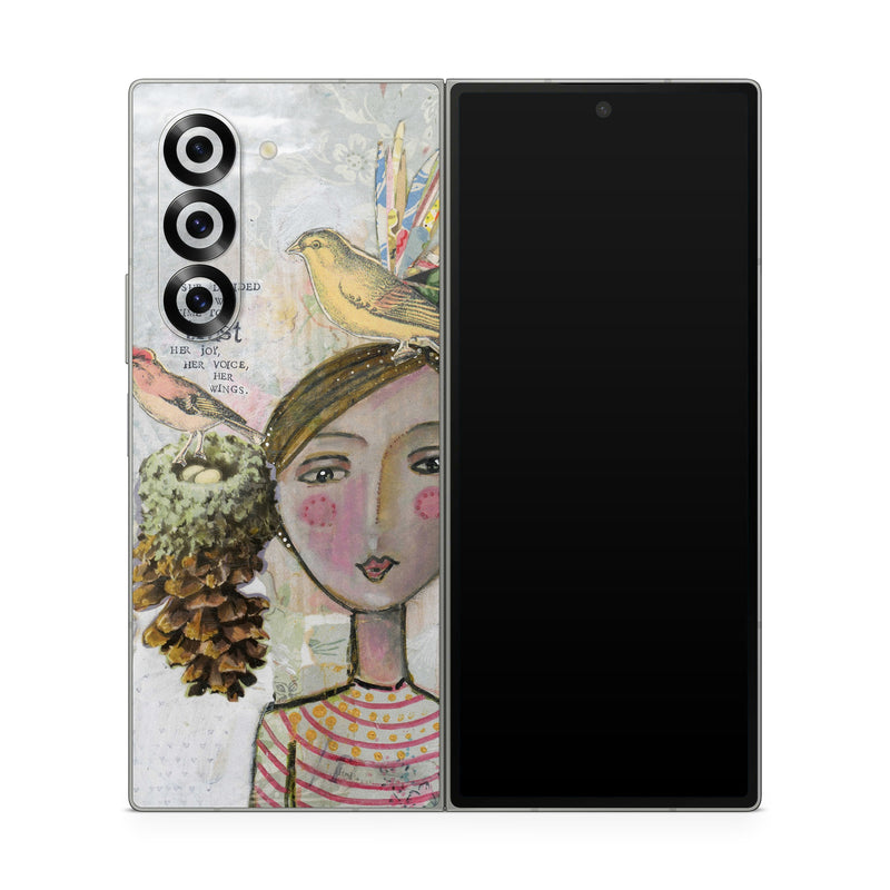 Samsung Galaxy Z Fold6 Skin design of Watercolor paint, Illustration, Art, Painting, Child art, Fictional character, Visual arts, Fashion illustration, Feather, Drawing, with gray, brown, pink, yellow, red, green, blue colors