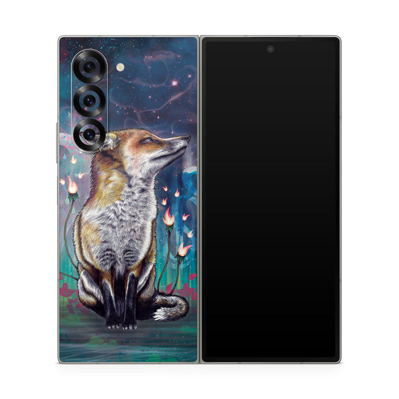 Samsung Galaxy Z Fold6 Skin design of Red fox, Art, Wildlife, Canidae, Illustration, Fox, Carnivore, Painting, Dhole, Red wolf, with black, gray, blue, red, green colors