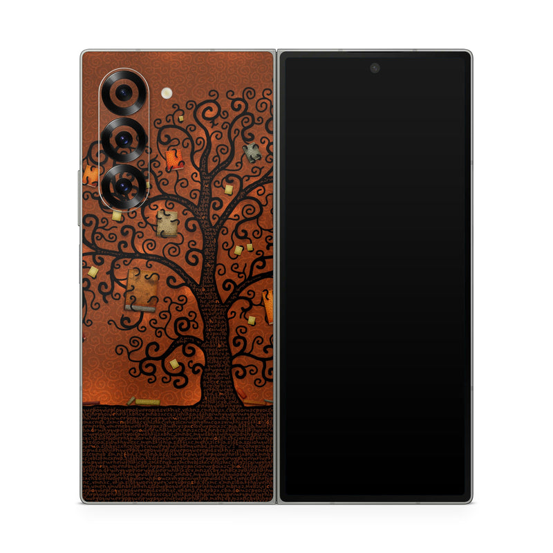 Samsung Galaxy Z Fold6 Skin design of Tree, Brown, Leaf, Plant, Woody plant, Branch, Visual arts, Font, Pattern, Art, with black colors