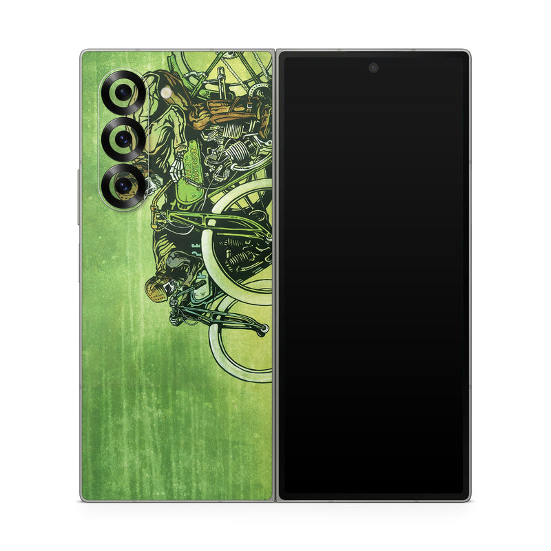 Samsung Galaxy Z Fold6 Skin design of Tire, Wheel, Bicycle, Bicycle tire, Automotive tire, Crankset, Bicycle handlebar, Motor vehicle, Bicycle wheel, Bicycle part, with green, gray, white, black, brown colors