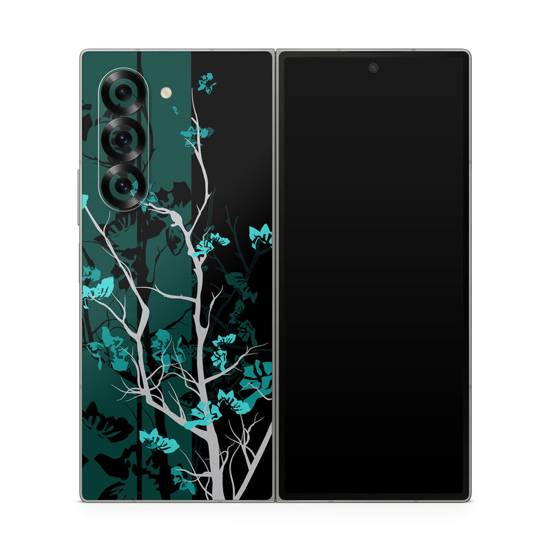 Samsung Galaxy Z Fold6 Skin design of Branch, Black, Blue, Green, Turquoise, Teal, Tree, Plant, Graphic design, Twig, with black, blue, gray colors