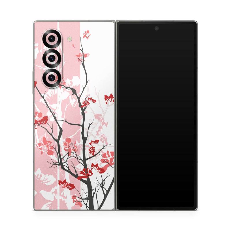 Samsung Galaxy Z Fold6 Skin design of Branch, Red, Flower, Plant, Tree, Twig, Blossom, Botany, Pink, Spring, with white, pink, gray, red, black colors