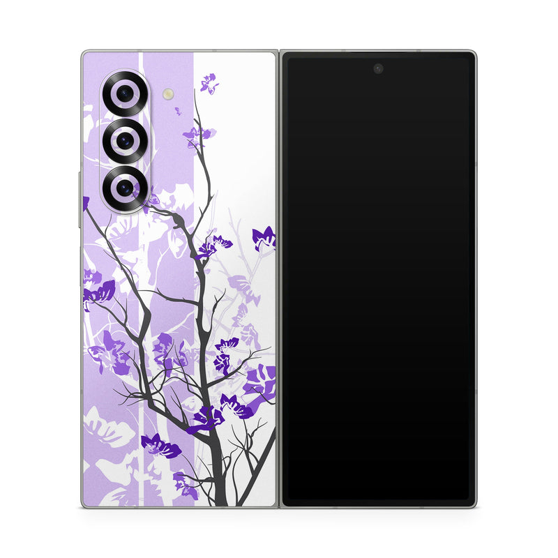 Samsung Galaxy Z Fold6 Skin design of Branch, Purple, Violet, Lilac, Lavender, Plant, Twig, Flower, Tree, Wildflower, with white, purple, gray, pink, black colors