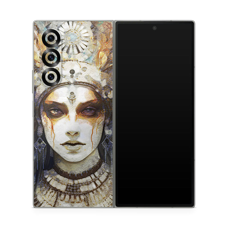 Samsung Galaxy Z Fold6 Skin design of Eye, Paint, Eyelash, Painting, Art, Headpiece, Beauty, Feather, Illustration, Mask, with white, black, yellow, brown, gray, blue colors