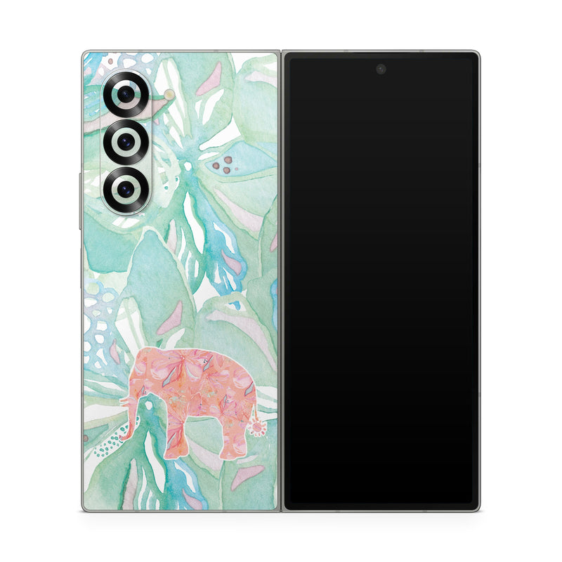 Samsung Galaxy Z Fold6 Skin design of Aqua, Turquoise, Pattern, Wrapping paper, Design, Illustration, Plant, Gift wrapping, Art, with blue, pink, white, green colors