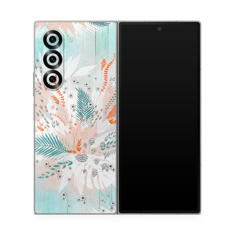 Samsung Galaxy Z Fold6 Skin design of Aqua, Turquoise, Graphic design, Line, Teal, Illustration, Watercolor paint, Design, Tree, Pattern, with blue, red, orange, white, gray colors