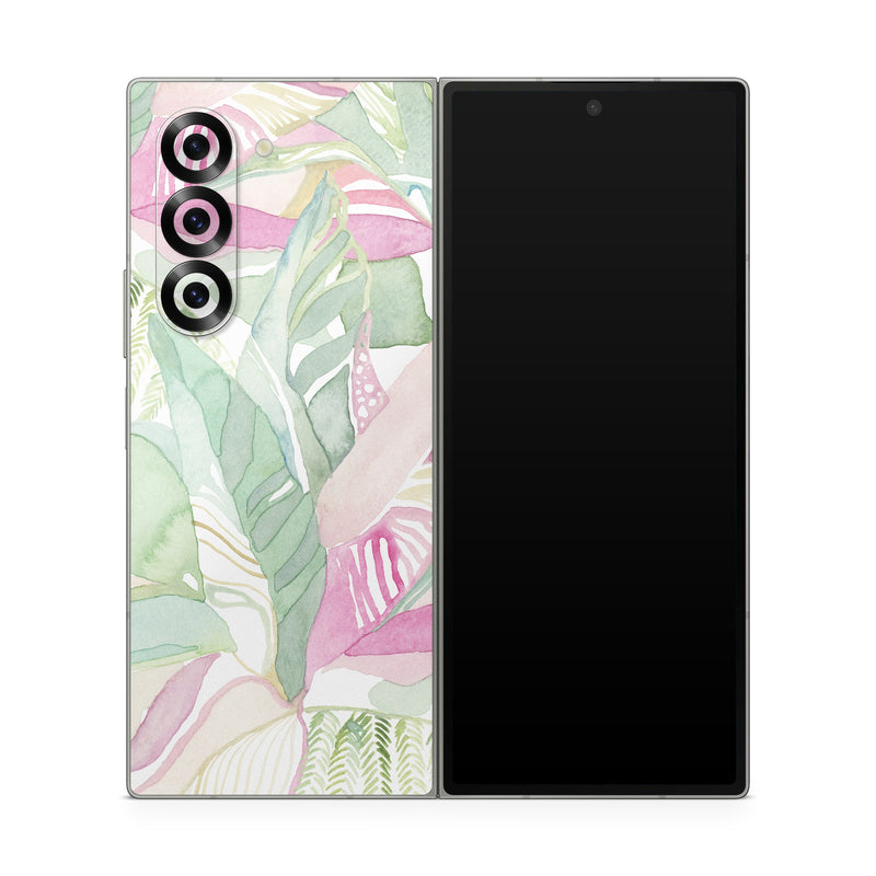 Samsung Galaxy Z Fold6 Skin design of Pink, Leaf, Botany, Pattern, Plant, Flower, Illustration, with white, green, pink, orange colors
