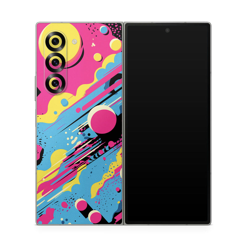 Samsung Galaxy Z Fold6 Skin design of Colorfulness, Paint, Art, Font, Line, Material property, Magenta, Pattern, Illustration, Circle, with pink, yellow, blue, black, white colors