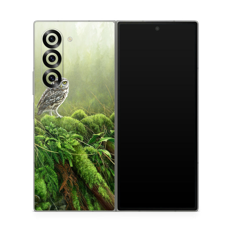Samsung Galaxy Z Fold6 Skin design of Nature, Owl, Bird, Bird of prey, great grey owl, Adaptation, Terrestrial plant, Wildlife, Plant, Organism, with brown, gray, green, white colors
