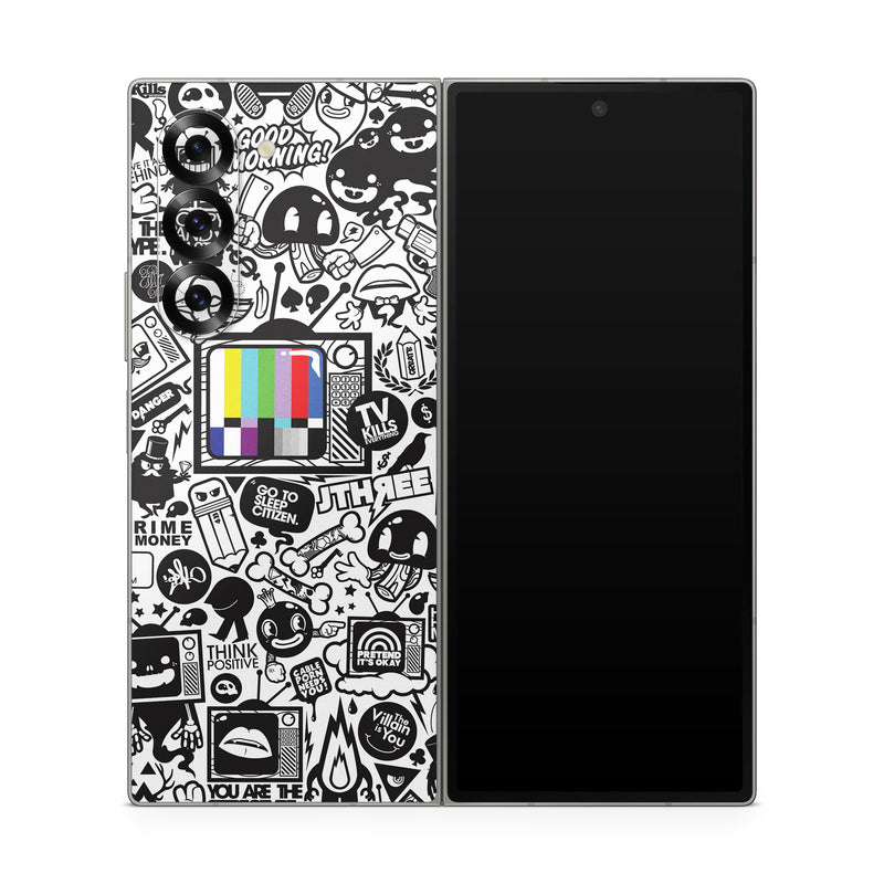 Samsung Galaxy Z Fold6 Skin design of Pattern, Drawing, Doodle, Design, Visual arts, Font, Black-and-white, Monochrome, Illustration, Art, with gray, black, white colors