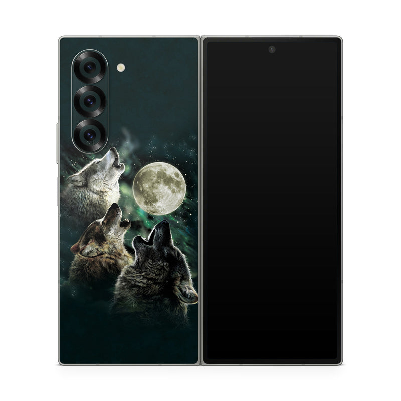 Samsung Galaxy Z Fold6 Skin design of Wolf, Light, Astronomical object, Moon, Wildlife, Organism, Moonlight, Sky, Atmosphere, Celestial event, with black, gray, green colors