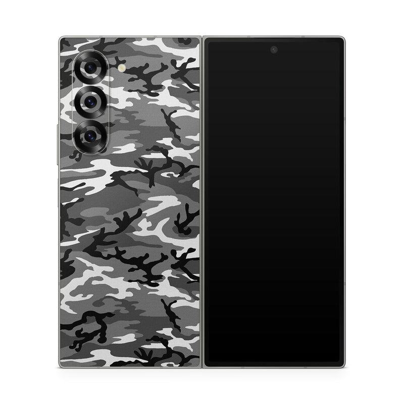 Samsung Galaxy Z Fold6 Skin design of Military camouflage, Pattern, Clothing, Camouflage, Uniform, Design, Textile, with black, gray colors