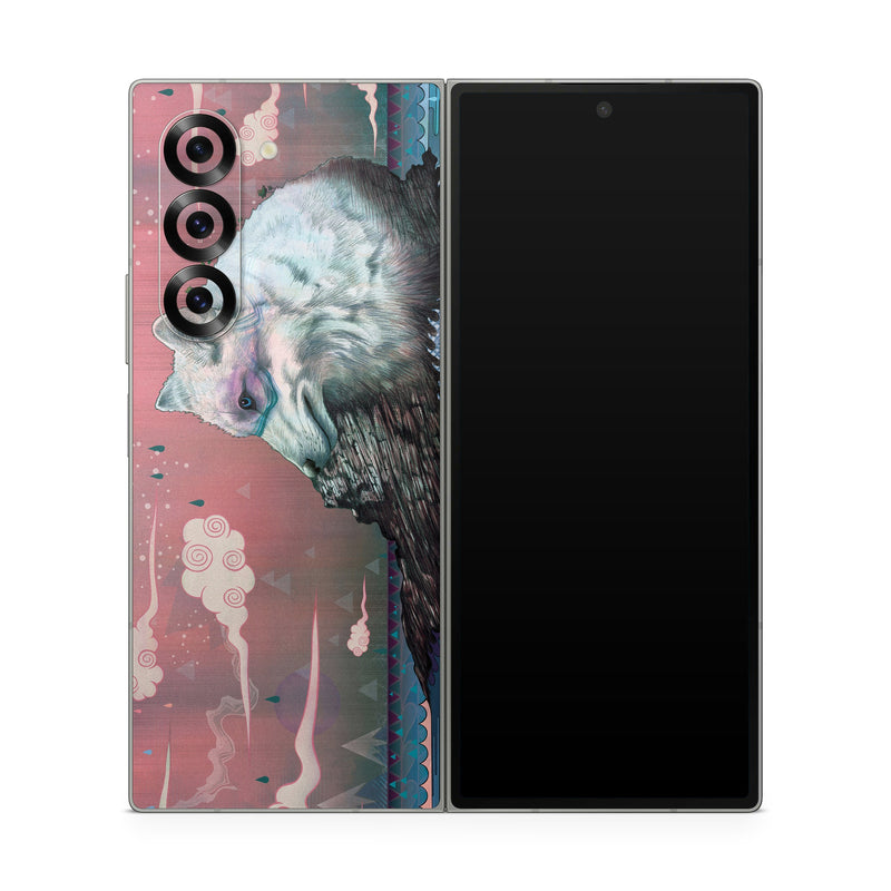 Samsung Galaxy Z Fold6 Skin design of Illustration, Drawing, Sketch, Art, Graphic design, Lion, Goats, Fictional character, Ink, Bison, with gray, purple, black, red colors