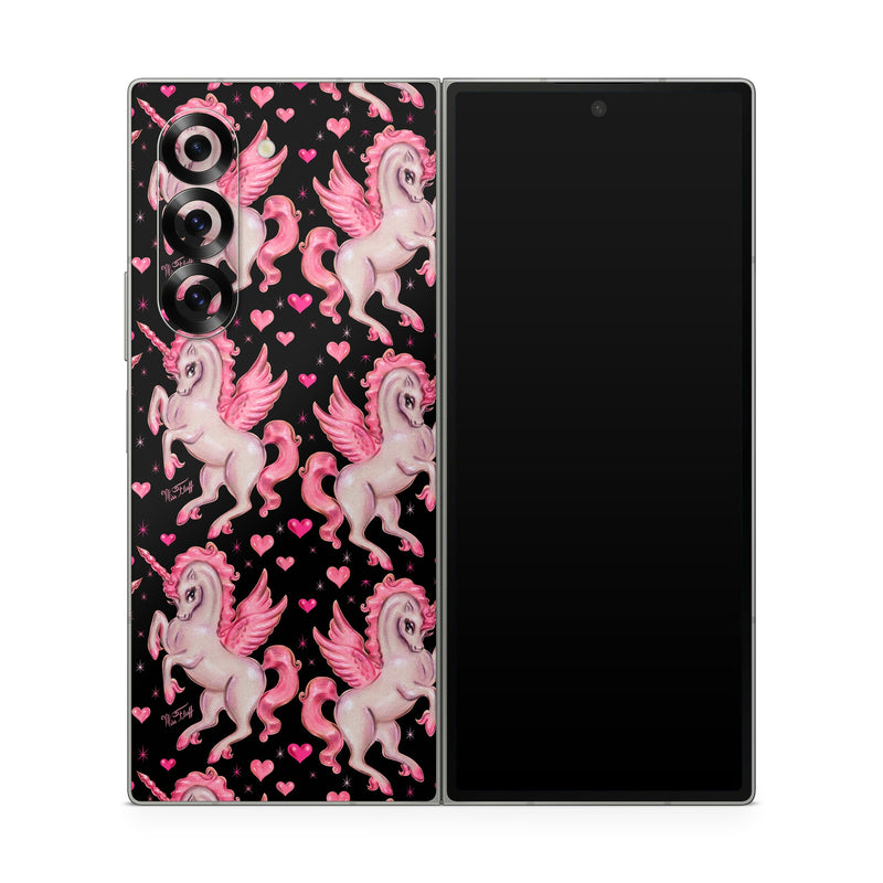 Samsung Galaxy Z Fold6 Skin design of Pink, Pattern, Fictional character, Design, Illustration, Font, Unicorn, Graphic design, Mythical creature, Art, with black, pink colors