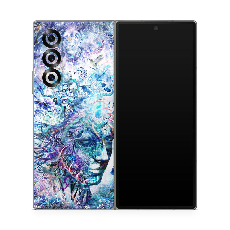 Samsung Galaxy Z Fold6 Skin design of Psychedelic art, Water, Fractal art, Art, Pattern, Graphic design, Design, Illustration, Electric blue, Visual arts, with blue, purple, green, red, gray, white colors