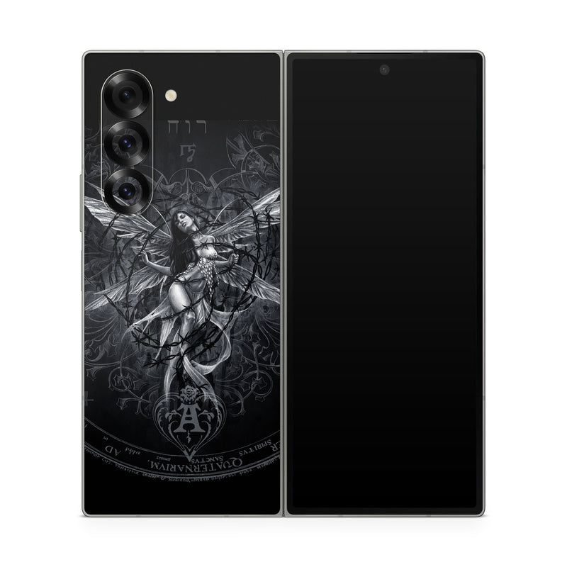 Samsung Galaxy Z Fold6 Skin design of Illustration, Graphic design, Darkness, Fictional character, Black-and-white, Pattern, Graphics, Mythical creature, Circle, Wing, with black, white colors