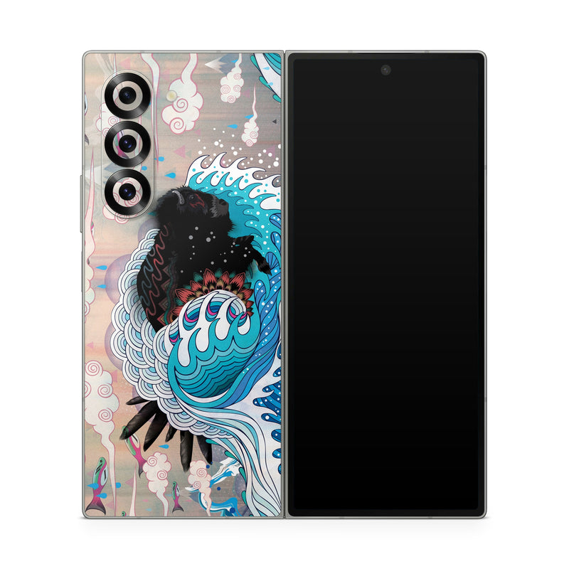 Samsung Galaxy Z Fold6 Skin design of Blue, Turquoise, Illustration, Aqua, Graphic design, Pattern, Art, Design, Graphics, Visual arts, with gray, blue, black, pink, white colors