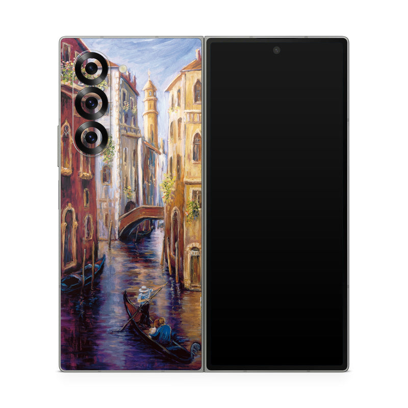 Samsung Galaxy Z Fold6 Skin design of Painting, Watercolor paint, Waterway, Gondola, Canal, Art, Modern art, Acrylic paint, Visual arts, Building, with black, gray, red, green, blue, pink colors