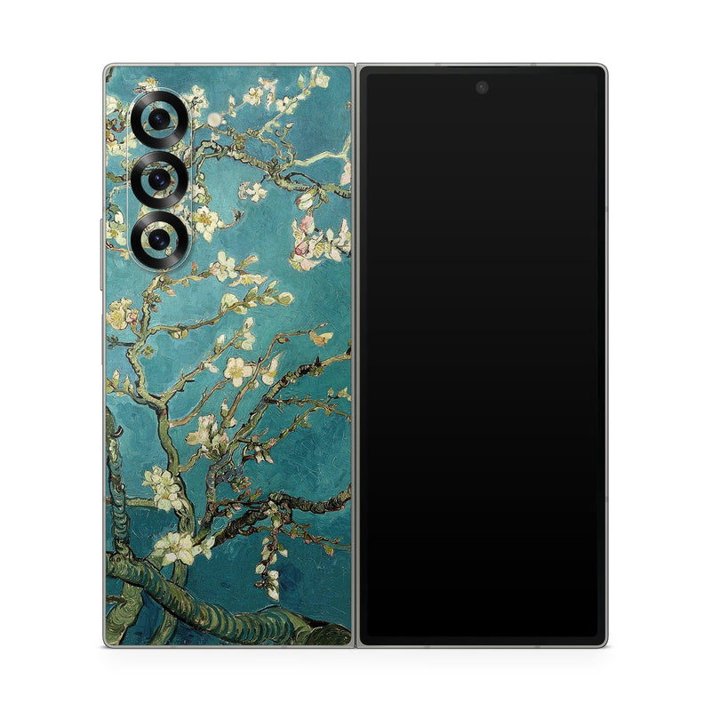 Samsung Galaxy Z Fold6 Skin design of Tree, Branch, Plant, Flower, Blossom, Spring, Woody plant, Perennial plant, with blue, black, gray, green colors