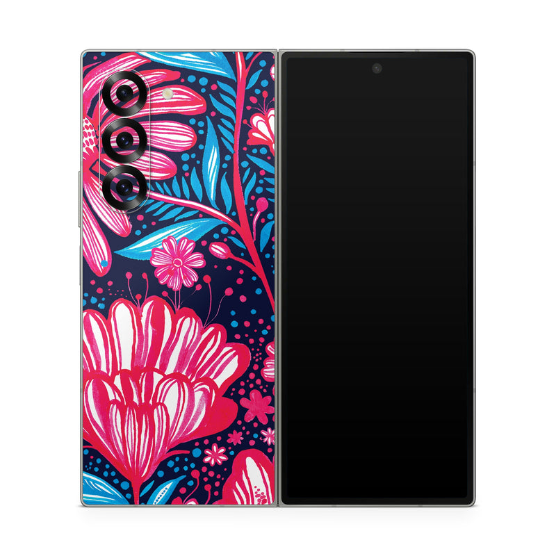 Samsung Galaxy Z Fold6 Skin design of Pattern, Red, Pink, Floral design, Textile, Design, Flower, Plant, Petal, with black, white, red, blue, pink colors