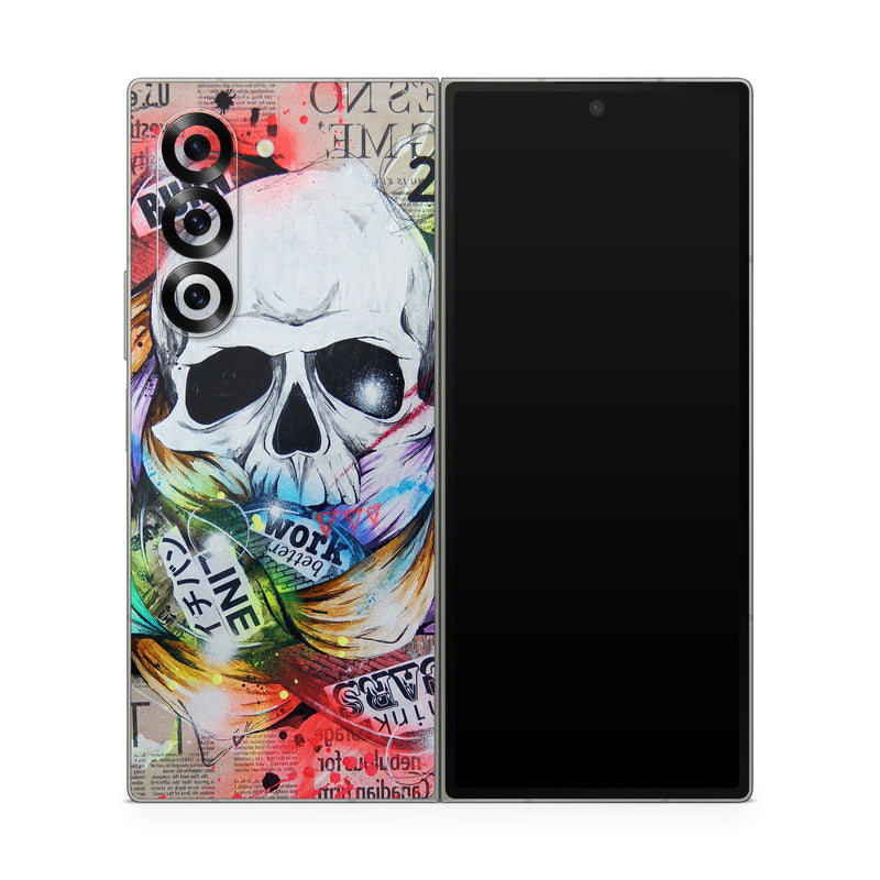 Samsung Galaxy Z Fold6 Skin design of Street art, Text, Graphic design, Font, Illustration, Art, Graffiti, Skull, Poster, Advertising, with gray, black, red, green, blue colors