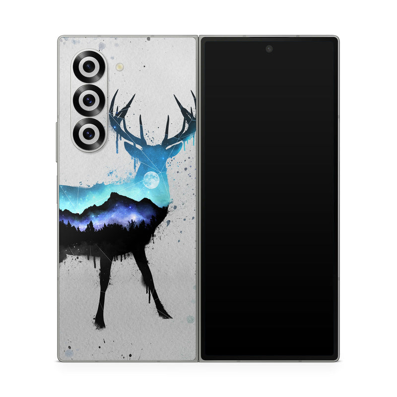 Samsung Galaxy Z Fold6 Skin design of Reindeer, Deer, Illustration, Watercolor paint, Art, Elk, Wildlife, Drawing, Paint, Graphics, with gray, black, blue, purple, white colors