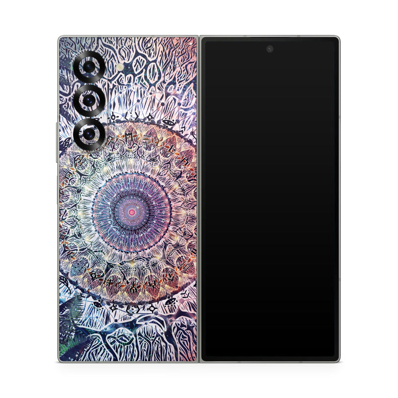 Samsung Galaxy Z Fold6 Skin design of Tapestry, Pattern, Art, Close-up, Circle, Fractal art, Textile, Eye, Design, Kaleidoscope, with blue, red, yellow, purple, green colors