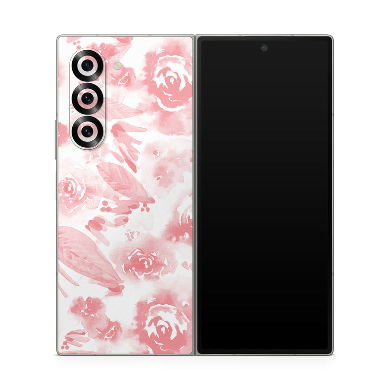 Samsung Galaxy Z Fold6 Skin design of Pink, Pattern, Rose, Design, Floral design, Rose family, Garden roses, Petal, Flower, Textile, with white, red, pink colors