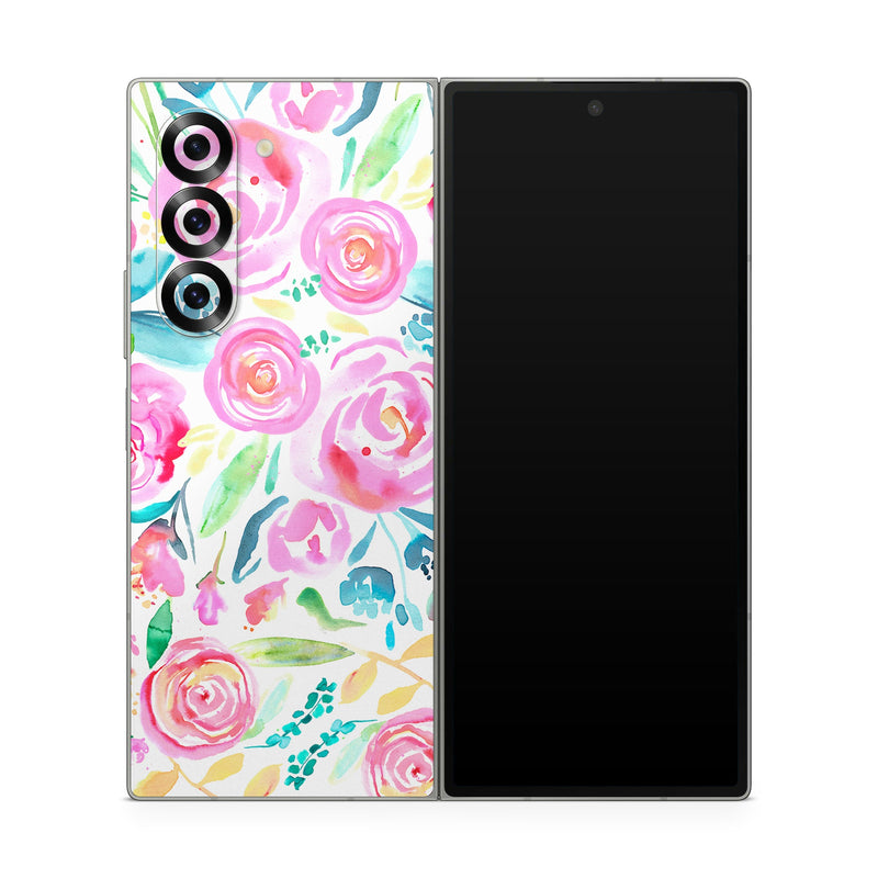 Samsung Galaxy Z Fold6 Skin design of Flower, Plant, Petal, Pink, Art, Material property, Magenta, Flowering plant, Pattern, Rose family, with white, pink, green, blue, yellow colors