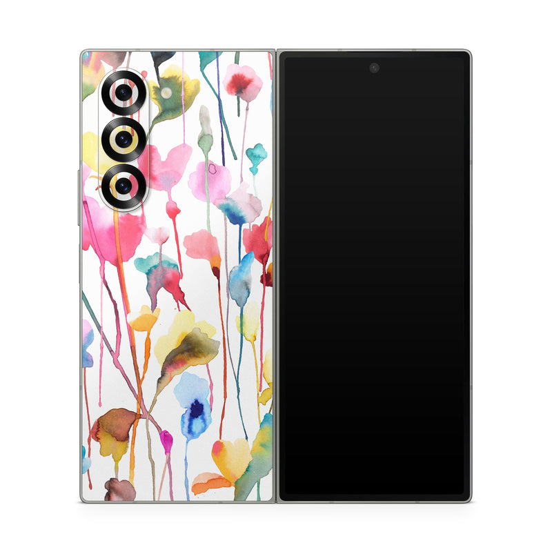 Samsung Galaxy Z Fold6 Skin design of Plant, Petal, Art, Font, Pattern, Automotive wheel system, Event, Visual arts, Party supply, Pole, with white, red, pink, yellow, orange, green, blue, purple colors