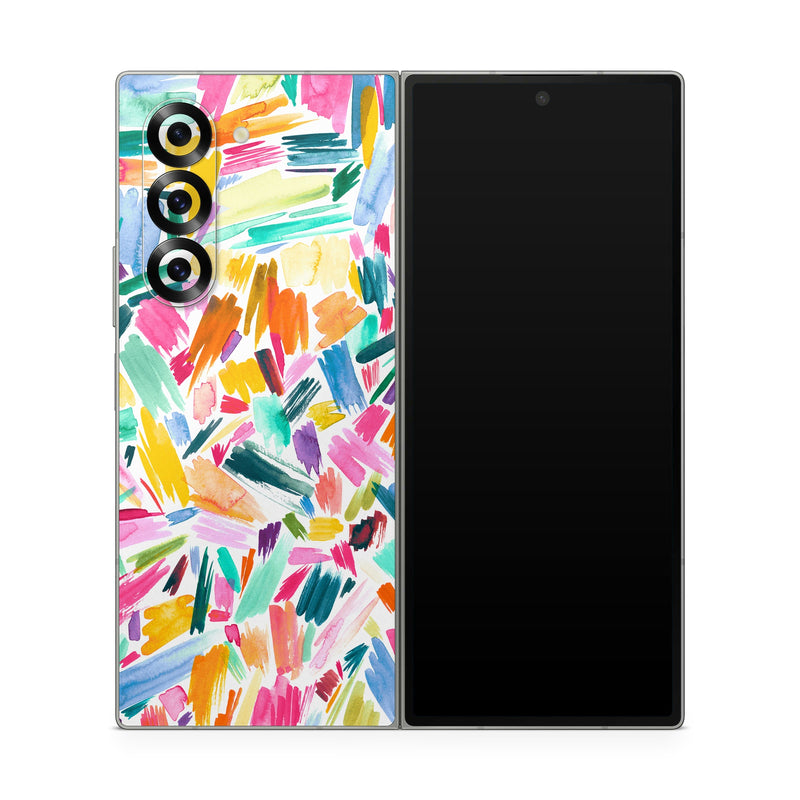 Samsung Galaxy Z Fold6 Skin design of Colorfulness, Art, Triangle, Pattern, Painting, Symmetry, Creative arts, Paint, Electric blue, Art paint, with white, pink, blue, yellow, orange, red, green, gray colors