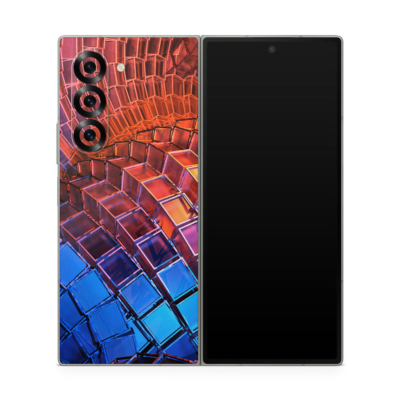 Samsung Galaxy Z Fold6 Skin design of Blue, Red, Orange, Light, Pattern, Architecture, Design, Fractal art, Colorfulness, Psychedelic art, with black, red, blue, purple, gray colors