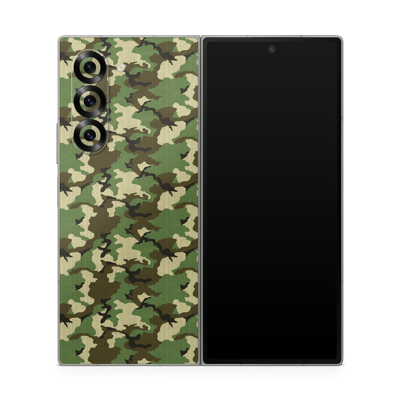 Samsung Galaxy Z Fold6 Skin design of Military camouflage, Camouflage, Clothing, Pattern, Green, Uniform, Military uniform, Design, Sportswear, Plane, with black, gray, green colors