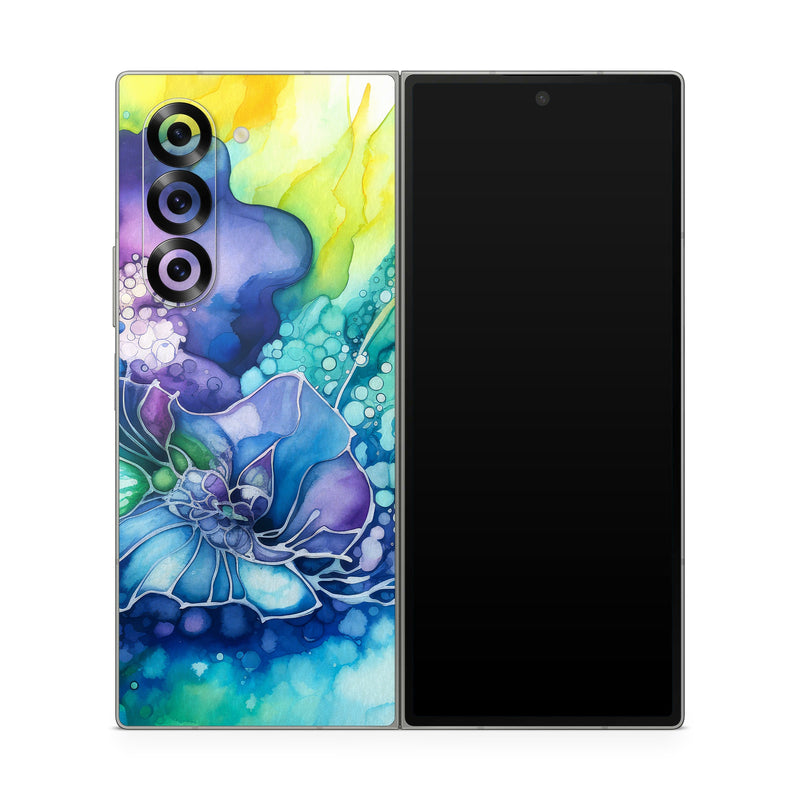 Samsung Galaxy Z Fold6 Skin design of Flower, Plant, Art paint, Petal, Blue, Azure, Purple, Art, Paint, Painting, with blue, yellow, green, purple, white, orange colors
