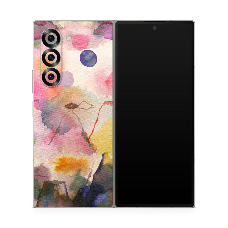 Samsung Galaxy Z Fold6 Skin design of Watercolor paint, Flower, Textile, Painting, Art, Plant, Pattern, Visual arts, Floral design, Paint, with white, pink, red, yellow, green, blue, black, orange colors