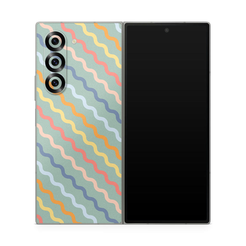Samsung Galaxy Z Fold6 Skin design of Azure, Blue, Orange, Textile, Wood, Art, Font, Line, Aqua, Symmetry, with blue, orange, yellow, pink colors