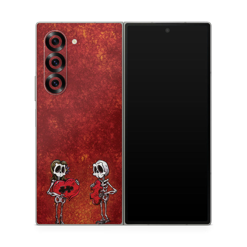 Samsung Galaxy Z Fold6 Skin design of Font, Tints and shades, Bone, Art, Skull, Pattern, Creative arts, Carmine, Visual arts, Rectangle, with white, black, gray, brown, red, yellow, orange colors
