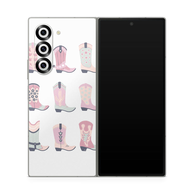 Samsung Galaxy Z Fold6 Skin design of Footwear, Shoe, White, Durango boot, Product, Fashion, Textile, Pink, Font, Red, with pink, white, blue, brown colors