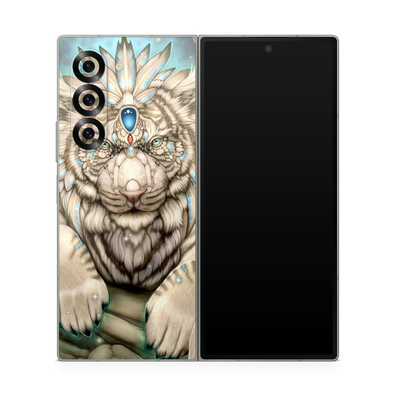 Samsung Galaxy Z Fold6 Skin design of Mythical creature, Sleeve, Textile, Gesture, Felidae, Tattoo, Big cats, Font, Temporary tattoo, Painting, with white, blue, black, gray colors