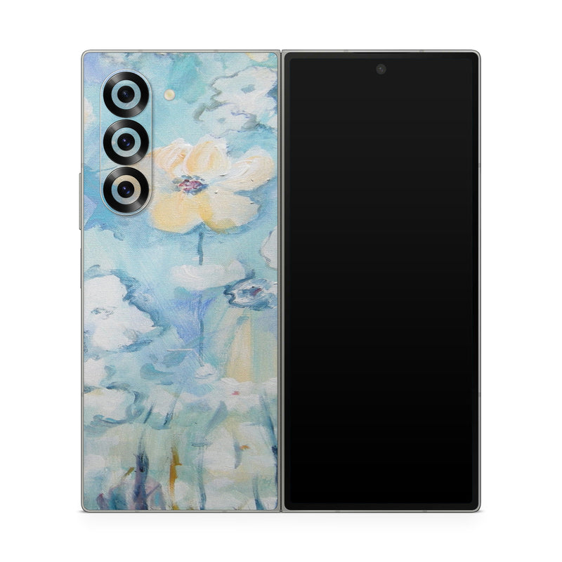 Samsung Galaxy Z Fold6 Skin design of Blue, Watercolor paint, Painting, Flower, Plant, Art, Acrylic paint, Wildflower, Visual arts, Floral design, with gray, blue colors