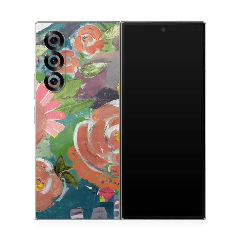 Samsung Galaxy Z Fold6 Skin design of Painting, Watercolor paint, Still life, Child art, Art, Illustration, Acrylic paint, Flower, Visual arts, Textile, with green, pink, red, yellow, blue, white, black, gray colors