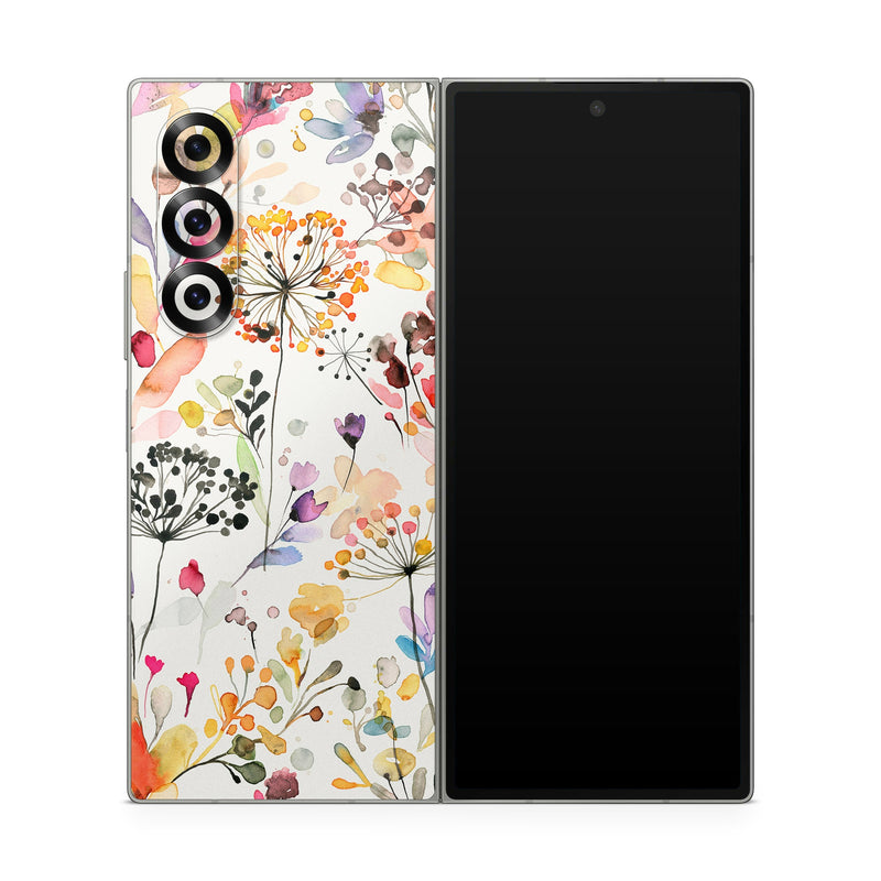 Samsung Galaxy Z Fold6 Skin design of Flower, Petal, Rectangle, Branch, Creative arts, Plant, Line, Art, Painting, Font, with white, pink, red, yellow, orange, green, blue, purple colors