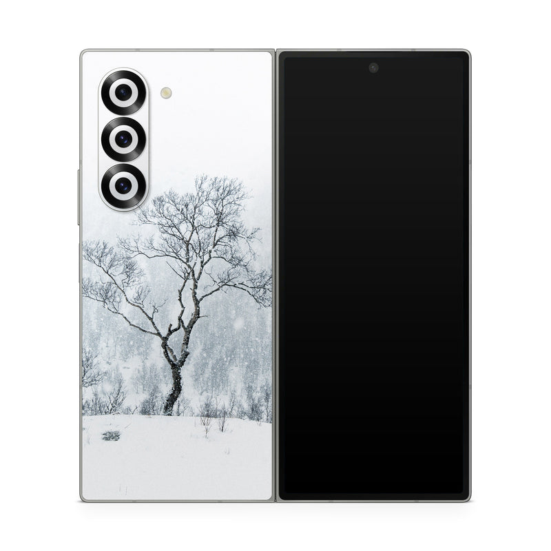Samsung Galaxy Z Fold6 Skin design of Snow, Winter, Tree, Nature, White, Sky, Atmospheric phenomenon, Natural landscape, Freezing, Blizzard, with white, gray, black colors