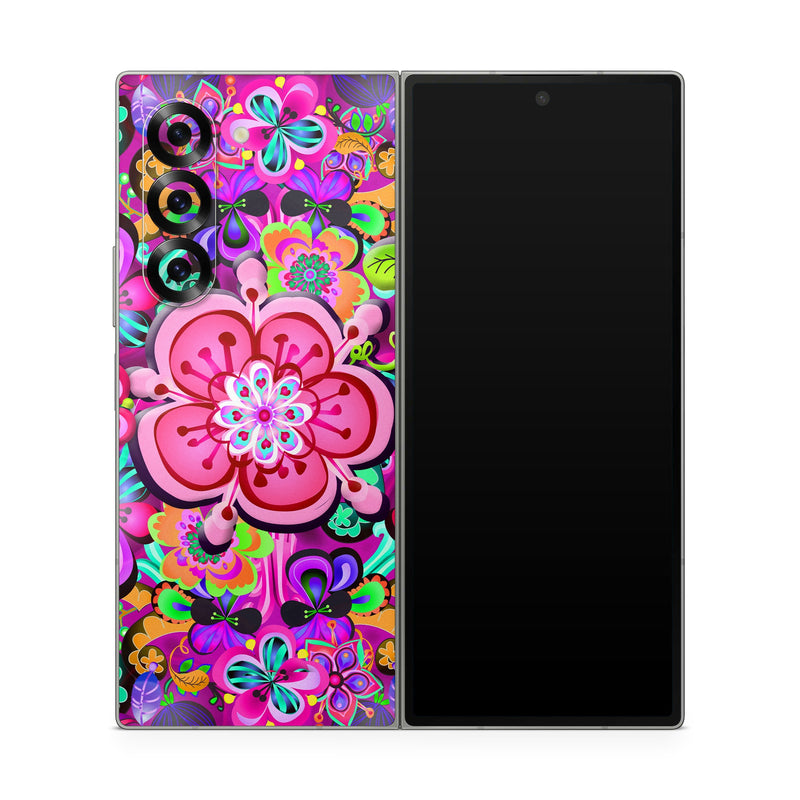 Samsung Galaxy Z Fold6 Skin design of Pattern, Pink, Design, Textile, Magenta, Art, Visual arts, Paisley, with purple, black, red, gray, blue colors