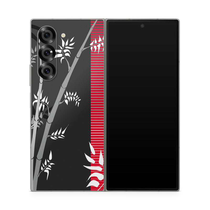 Samsung Galaxy Z Fold6 Skin design of Tree, Branch, Plant, Graphic design, Bamboo, Illustration, Plant stem, Black-and-white, with black, red, gray, white colors