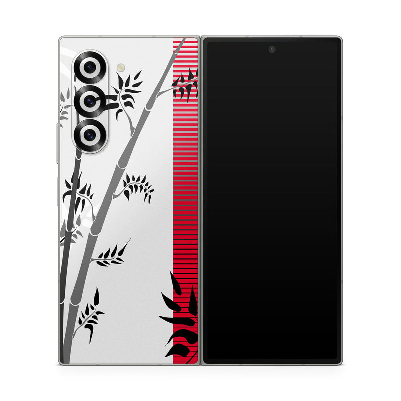 Samsung Galaxy Z Fold6 Skin design of Botany, Plant, Branch, Plant stem, Tree, Bamboo, Pedicel, Black-and-white, Flower, Twig, with gray, red, black, white colors