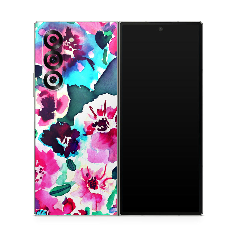 Samsung Galaxy Z Fold6 Skin design of Flower, Pink, Petal, Plant, Pattern, Hawaiian hibiscus, Design, Magenta, Flowering plant, Watercolor paint, with white, pink, blue, green, red colors