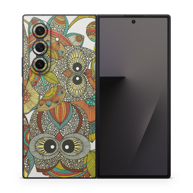Samsung Galaxy Z Fold7 Skin design of Owl, Pattern, Visual arts, Art, Design, Textile, Illustration, Motif, Bird, with white, green, orange, yellow, blue, red colors